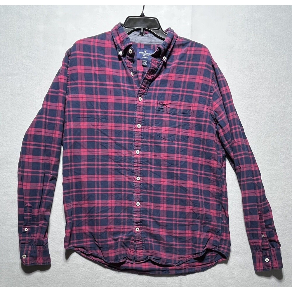 American Eagle Outfitters Men’s Large Red Navy Plaid Button Down Shirt Classic